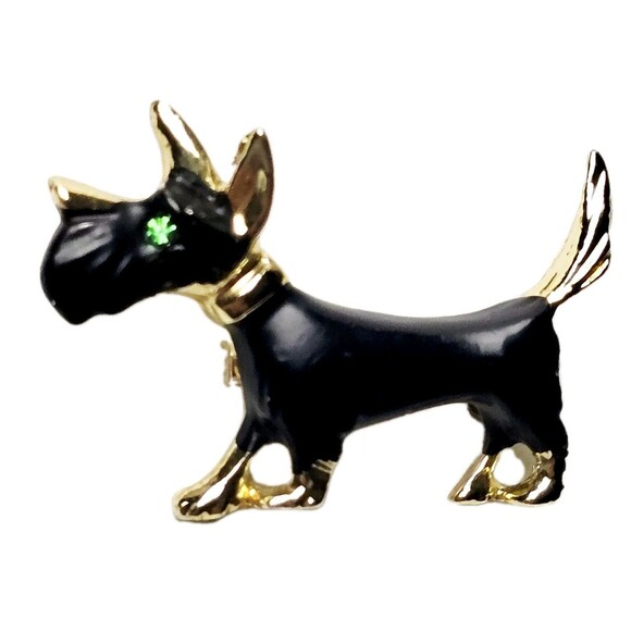 VTG Scottie Dog Brooch Green Emerald Crystal Gold Tone & Blk 1.3" Long VGC! - Picture 6 of 6